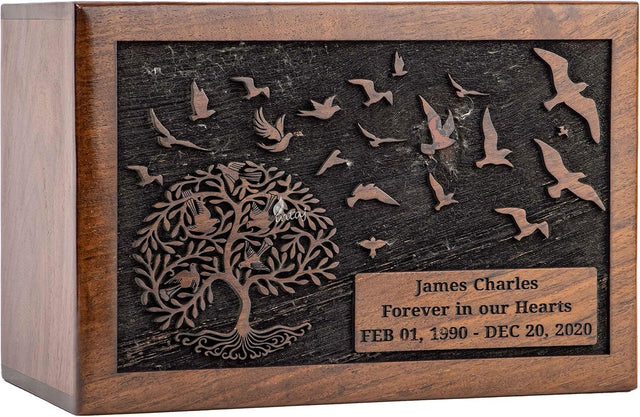 Handcarved Wooden Cremation Urn – Customised Tree of Life Birds Design – Suitable for Adult Men & Women, Mom & Dad – 340 Cu/in Capacity