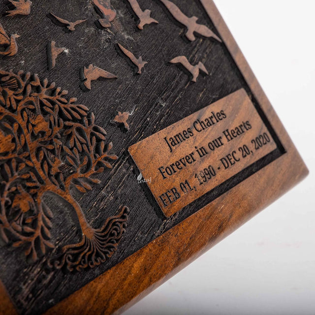 Handcarved Wooden Cremation Urn – Customised Tree of Life Birds Design – Suitable for Adult Men & Women, Mom & Dad – 340 Cu/in Capacity