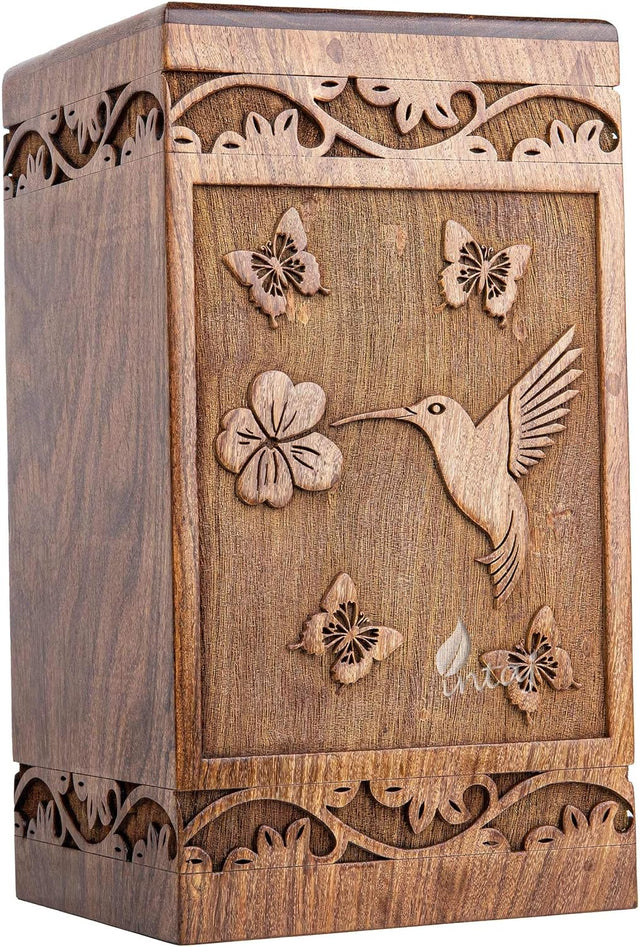 Handcarved Wooden Cremation Urn – White Butterfly Birds with Hummingbird Design – Suitable for Adult Men & Women – 180lbs Capacity