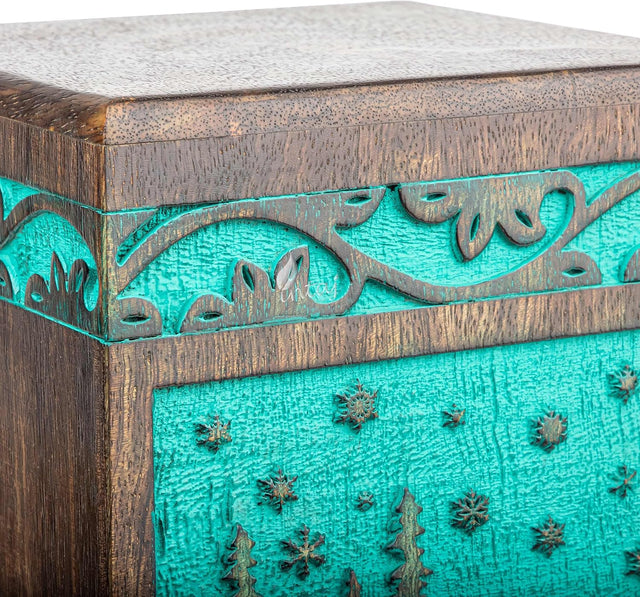 Handcarved Wooden Cremation Urn – Deer Carved Design in Custom Teal Green – Suitable for Adult Men & Women, Mom & Dad, and Pet Dogs – 180 Cu/in Capacity