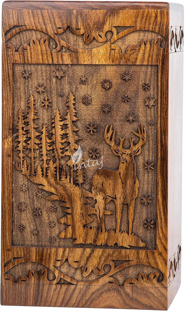 Handcarved Wooden Cremation Urn – Deer Carved Design in Custom Rosewood – Suitable for Adult Men & Women, Mom & Dad, and Pet Dogs – 20 Cu/in Capacity