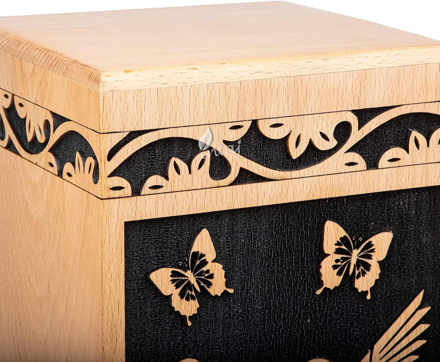 Handcarved Wooden Cremation Urn – Hummingbird Design in Beechwood – Suitable for Adult Men & Women – 115 Cu/in Capacity