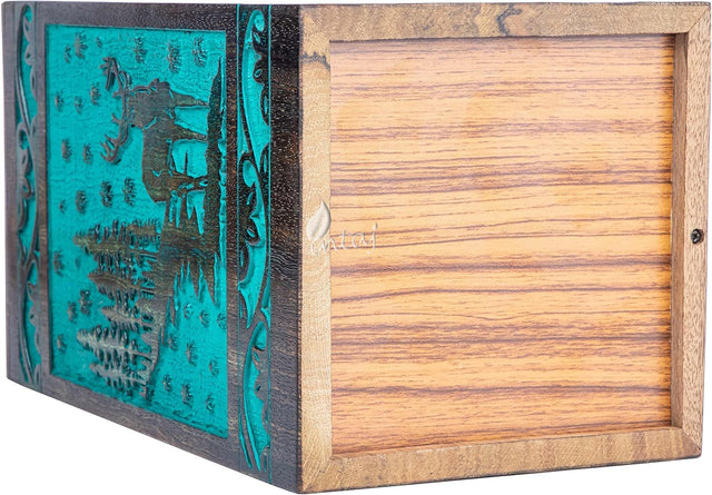 Handcarved Wooden Cremation Urn – Deer Carved Design in Custom Teal Green – Suitable for Adult Men & Women, Mom & Dad, and Pet Dogs – 250 Cu/in Capacity