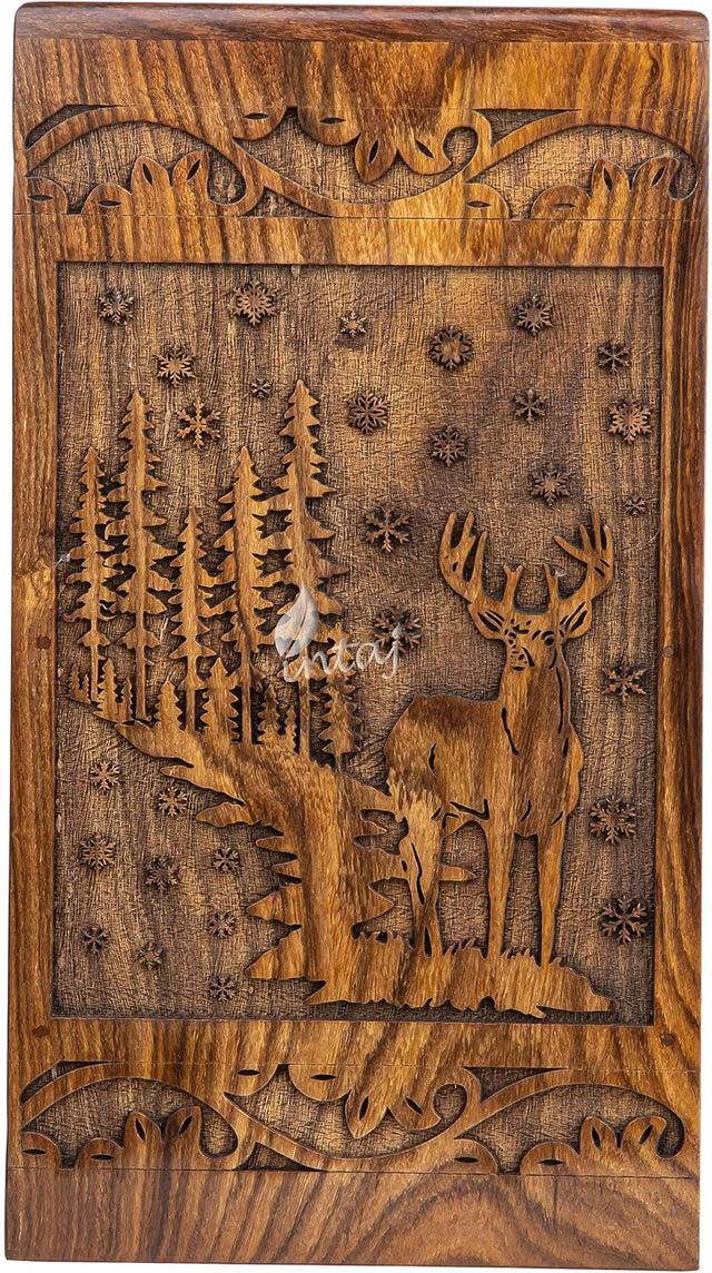 Handcarved Wooden Cremation Urn – Deer Carved Design in Beechwood – Suitable for Adult Men & Women, Mom & Dad, and Pet Dogs – 115 Cu/in Capacity
