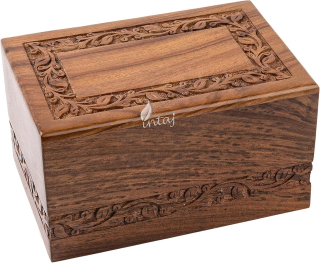 Handcarved Wooden Cremation Urn – Custom Border Carved Design in Rosewood – Suitable for Adult Men & Women, Mom & Dad – 90 Cu/in Capacity