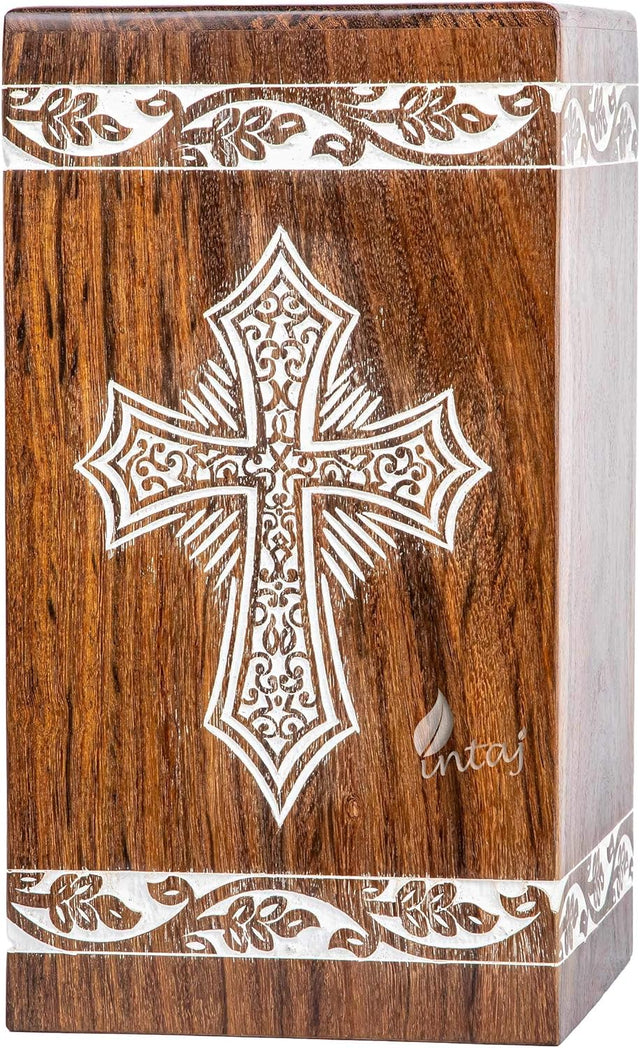 andcarved Wooden Cremation Urn – Grace and Mercy Cross Design – Suitable for Adult Men & Women, Mom & Dad – 180 Cu/in Capacity – Antique Latin Cross
