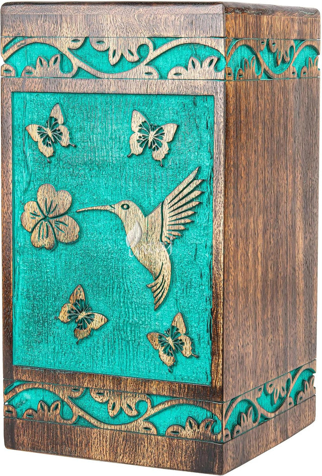 Handcarved Wooden Cremation Urn – Teal Green Rosewood Design – Suitable for Adult Men & Women, Mom & Dad – 118 Cu/in Capacity