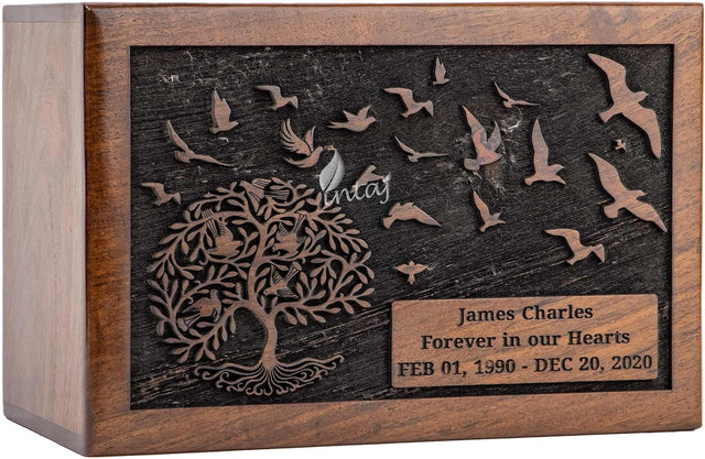 Handcarved Wooden Cremation Urn – Customised Tree of Life Birds Design – Suitable for Adult Men & Women, Mom & Dad – 110 Cu/in Capacity