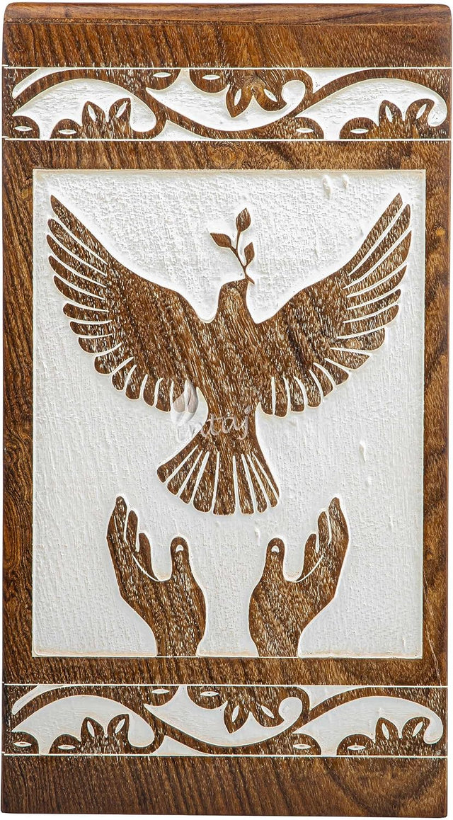 Handcarved Wooden Cremation Urn – Peaceful Bird Design in Daisy White – Suitable for Pet Dogs – 180lbs Capacity