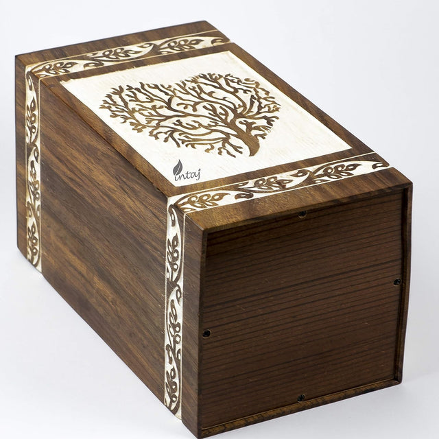 Handcarved Wooden Cremation Urn – Tree of Life Design with White Rosewood Heart – Suitable for Adult Men & Women, Mom & Dad, Pets – 180 Cu/in Capacity