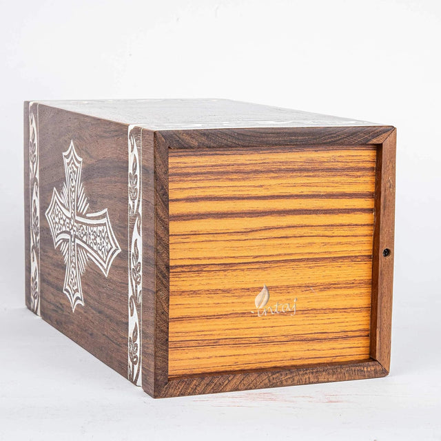 andcarved Wooden Cremation Urn – Grace and Mercy Cross Design – Suitable for Adult Men & Women, Mom & Dad – 180 Cu/in Capacity – Antique Latin Cross