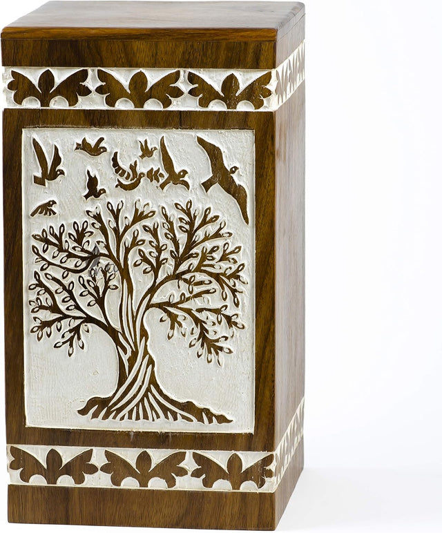 Handcarved Wooden Cremation Urn – Soulful Tree of Life Design – Suitable for Adult Men & Women, Mom & Dad – 250 Cu/in Capacity – Antique Finish (Adult, Tree 73 Design)