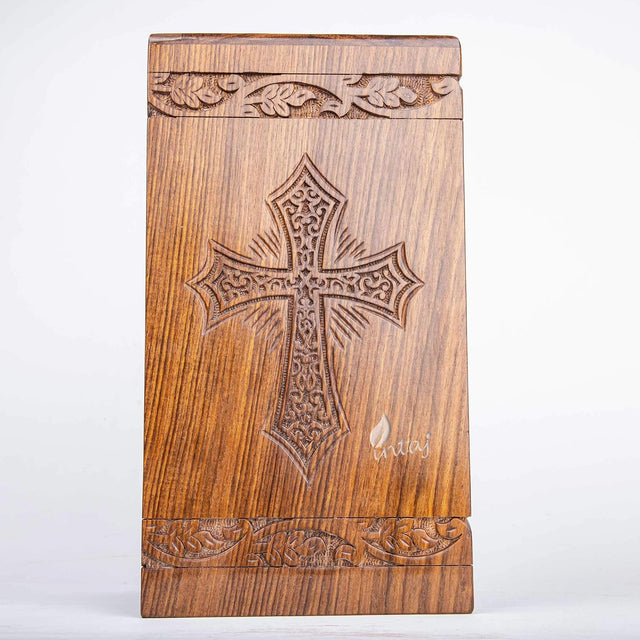 Handcarved Wooden Cremation Urn – Grace and Mercy Latin Cross Design – Suitable for Adult Men & Women, Mom & Dad – 180 Cu/in Capacity
