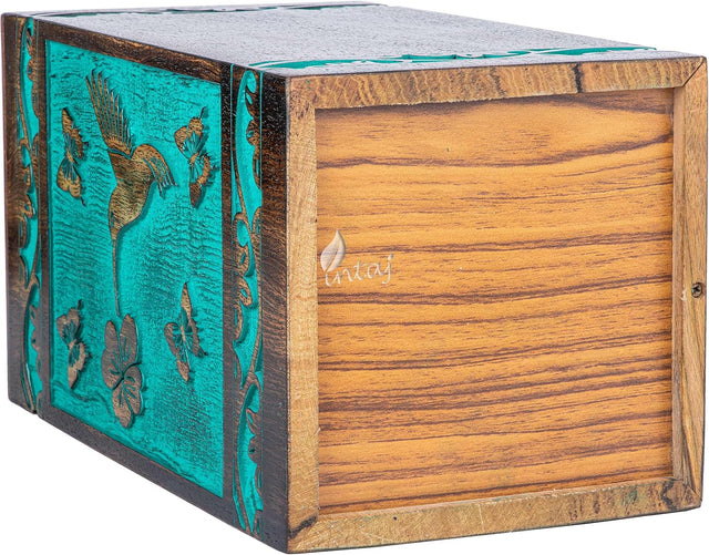 Handcarved Wooden Cremation Urn – Teal Green Rosewood Design – Suitable for Adult Men & Women, Mom & Dad – 118 Cu/in Capacity
