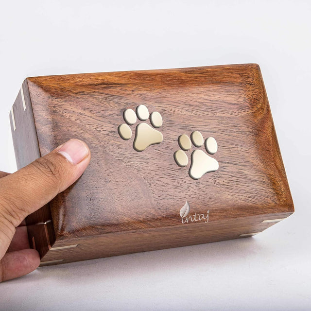 Handcarved Wooden Pet Cremation Urn – Two Paws Inlaid Design – Suitable for Dogs & Cats – Memorial Keepsake Urn – 7.5x5.5x3.75 Size