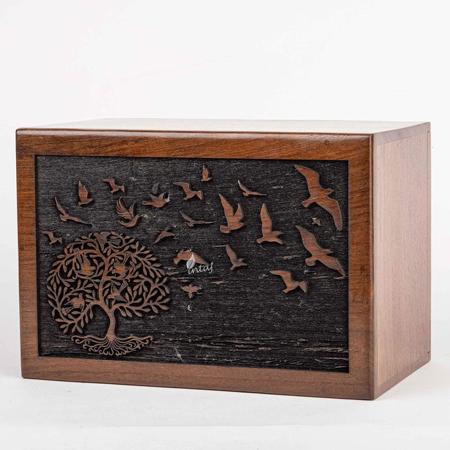 Handcarved Wooden Cremation Urn – Customised Tree of Life Birds Design – Suitable for Adult Men & Women, Mom & Dad – 185 Cu/in Capacity