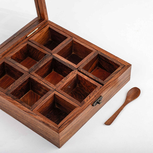 Handmade Spice Box - Wood Spice Containers for Kitchen - Rosewood Spice Racks Organizers Handcrafted - Wooden Masala Box (Rosewood, 8x8x2.5-9 Racks)