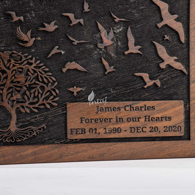 Handcarved Wooden Cremation Urn – Customised Tree of Life Birds Design – Suitable for Adult Men & Women, Mom & Dad – 110 Cu/in Capacity