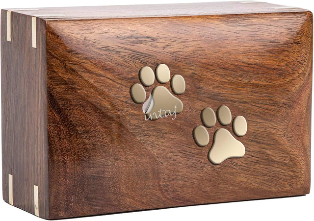 Handcarved Wooden Pet Cremation Urn – Two Paws Design – Suitable for Dogs & Cats – Memorial Keepsake Urn – M Size