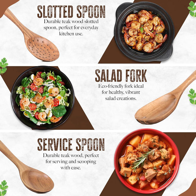 Handcrafted Teak Wooden Cooking Spoons – Ergonomic Stirring, Mixing, Scraping & Serving – Durable & Nonstick Safe – Ideal for Nonstick, Cast Iron & Ceramic Cookware – 9 Piece Set