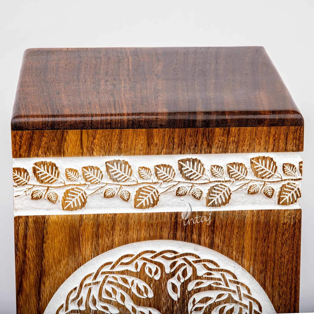 Handcarved Wooden Cremation Urn – Tree of Life Design – Suitable for Pet Dogs – 115 Cu/in Capacity