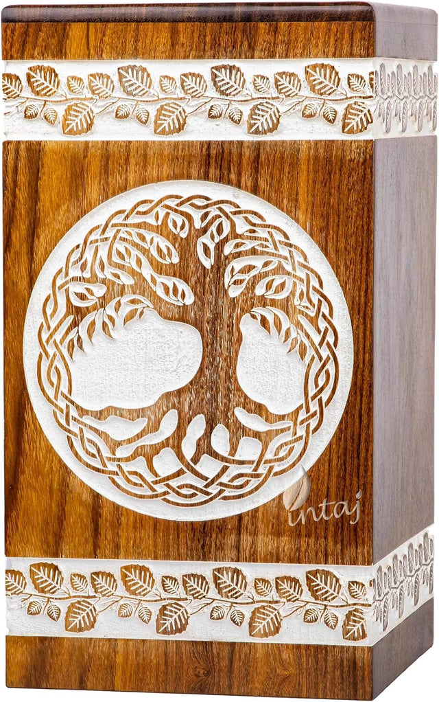 Handcarved Wooden Cremation Urn – Tree of Life Design – Suitable for Adult Men & Women, Pet Dogs – 250 Cu/in Capacity