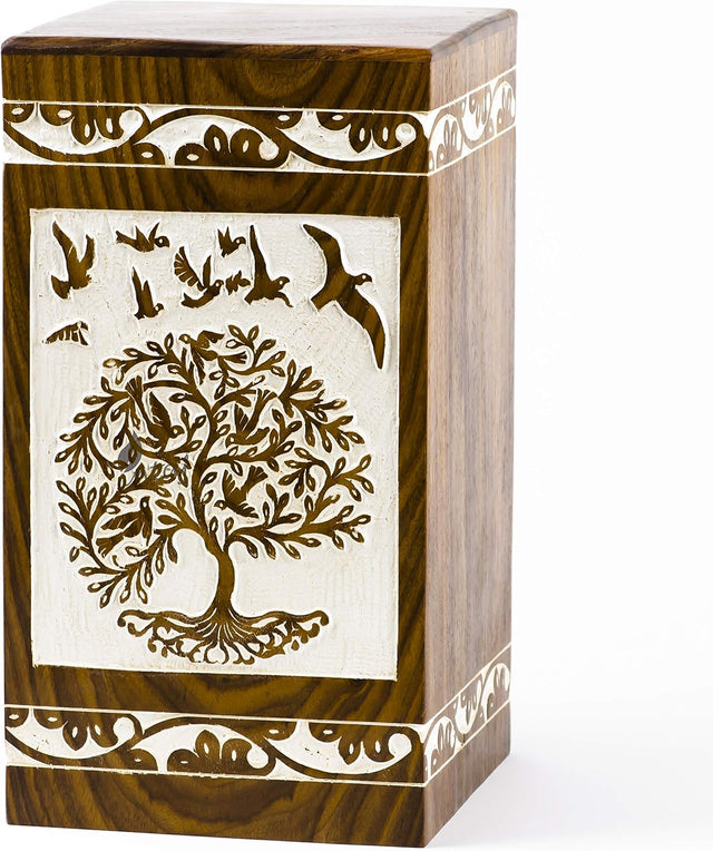 Handmade Rosewood Cremation Urn – Antique Bird Tree of Life Design – Suitable for Adult Men & Women, Mom & Dad – 100 Cu/in Capacity
