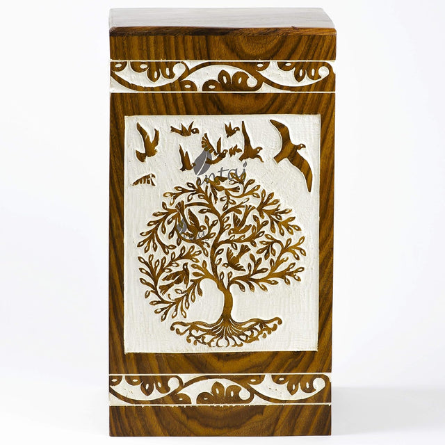 Handmade Rosewood Cremation Urn – Antique Bird Tree of Life Design – Suitable for Adult Men & Women, Mom & Dad – 100 Cu/in Capacity