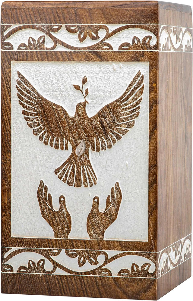 Handcarved Wooden Cremation Urn – Peaceful Bird Design in Daisy White – Suitable for Adult Men & Women, Mom & Dad, Pet Dogs – 640lbs Capacity