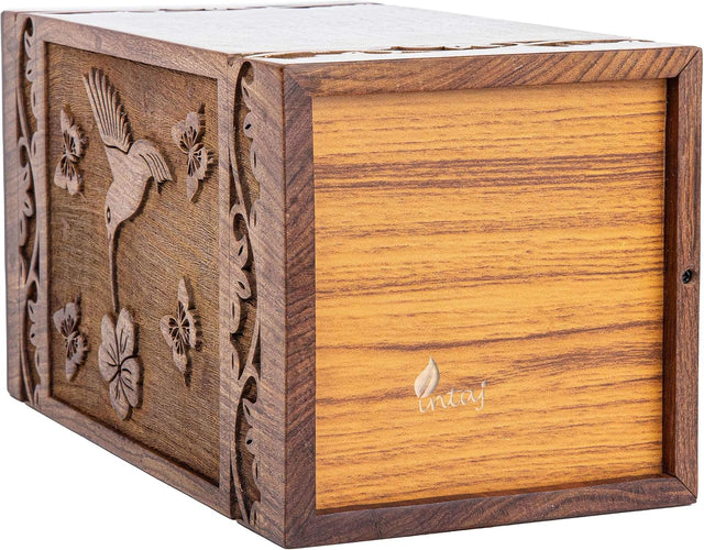 Handcarved Wooden Cremation Urn – White Butterfly Birds with Hummingbird Design – Suitable for Adult Men & Women – 250lbs Capacity