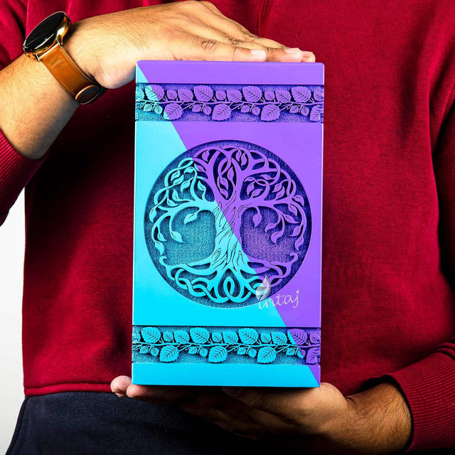 Handcarved Wooden Cremation Urn – Celtic Tree of Life Design – Suitable for Small Pets or Infants – 100 Cu/in Capacity – SkyBlue Purple Finish