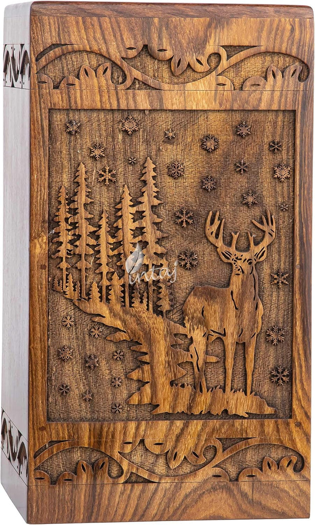 Handcarved Wooden Cremation Urn – Deer Carved Design in Custom Rosewood – Suitable for Adult Men & Women, Mom & Dad, and Pet Dogs – 20 Cu/in Capacity