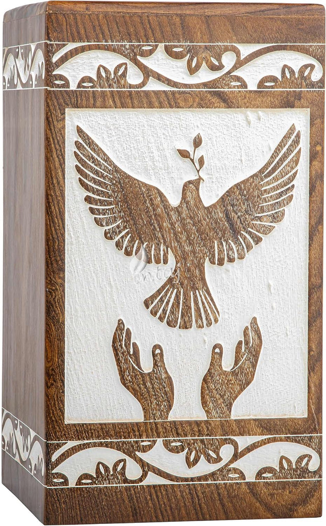 Handcarved Wooden Cremation Urn – Peaceful Bird Design in Daisy White – Suitable for Adult Men & Women, Mom & Dad, Pet Dogs – 640lbs Capacity