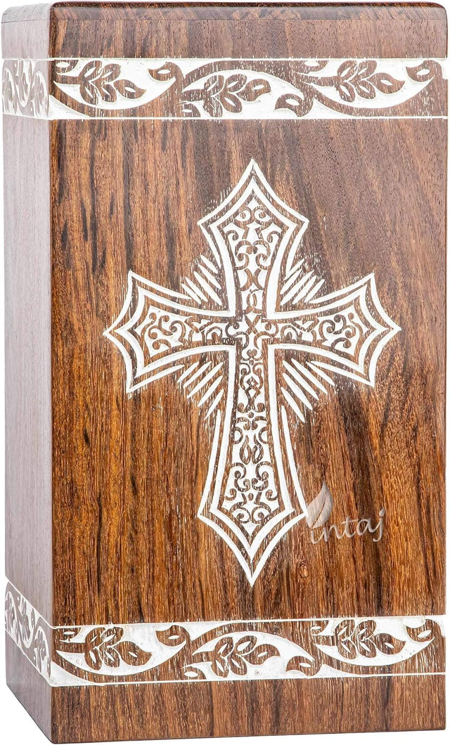 andcarved Wooden Cremation Urn – Grace and Mercy Cross Design – Suitable for Adult Men & Women, Mom & Dad – 180 Cu/in Capacity – Antique Latin Cross