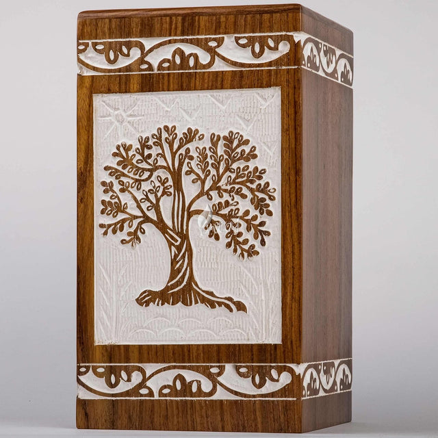 Handcarved Wooden Cremation Urn – Tree of Life Design in Antique Rosewood – Suitable for Adult Men & Women, Mom & Dad – 640 Cu/in Capacity