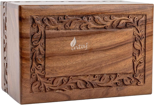 Handcarved Wooden Cremation Urn – Custom Border Carved Design in Rosewood – Suitable for Adult Men & Women, Mom & Dad – 35 Cu/in Capacity