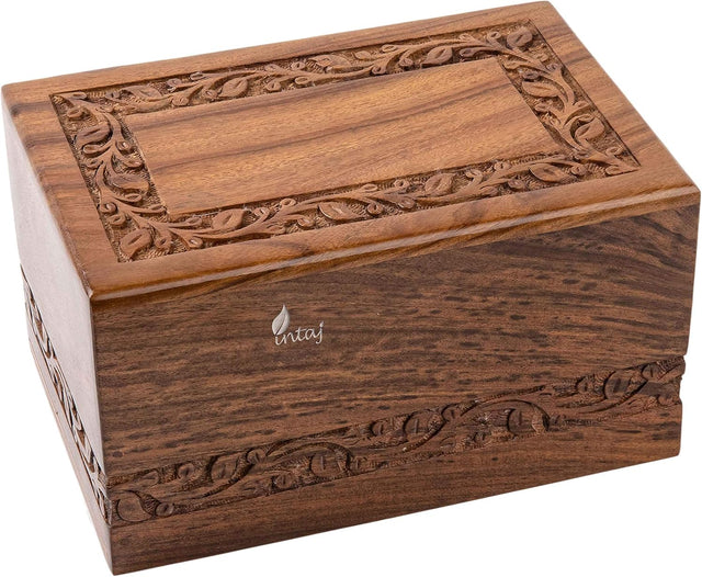Handcarved Wooden Cremation Urn – Custom Border Carved Design – Suitable for Adult Men & Women, Mom & Dad – 185 Cu/in Capacity