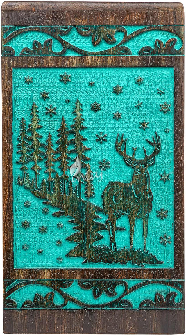 Handcarved Wooden Cremation Urn – Deer Carved Design in Custom Teal Green – Suitable for Adult Men & Women, Mom & Dad, and Pet Dogs – 115 Cu/in Capacity