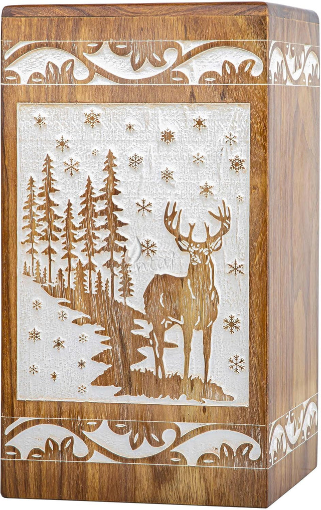 Handcarved Wooden Cremation Urn – Deer Carved Design in Custom White Rosewood – Suitable for Adult Men & Women, Mom & Dad, and Pet Dogs – 180 Cu/in Capacity