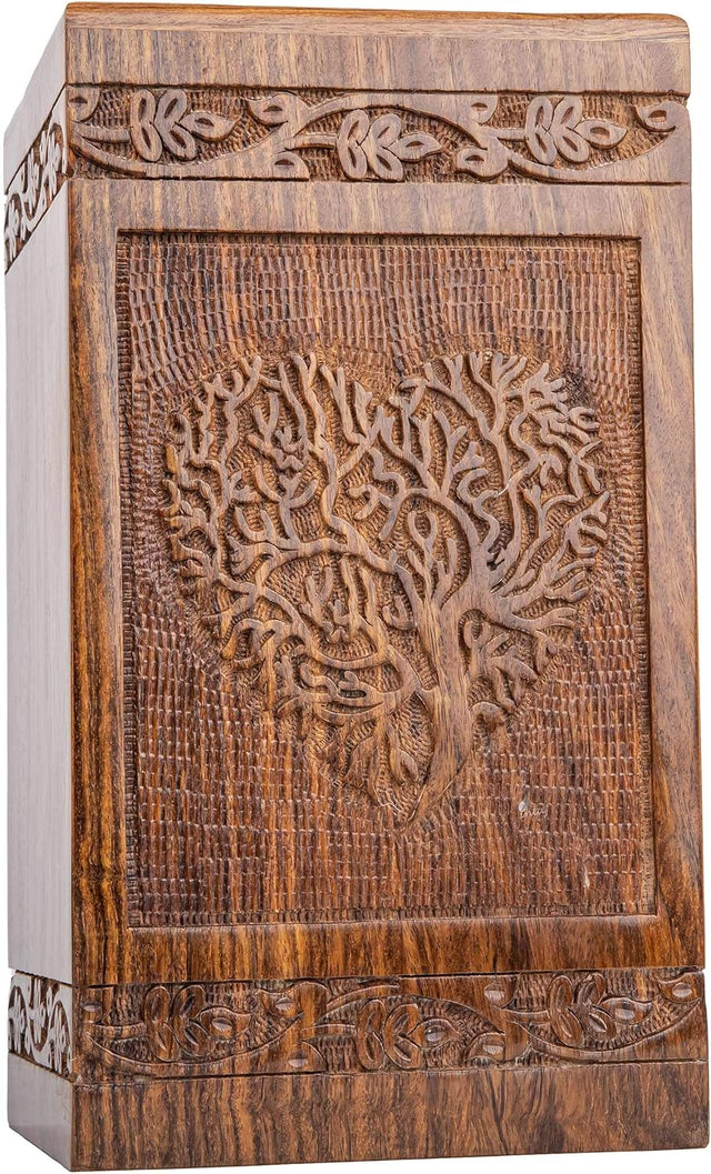 Handcarved Wooden Cremation Urn – Rosewood Heart Tree of Life Design – Suitable for Adult Men & Women, Mom & Dad – 250 Cu/in Capacity