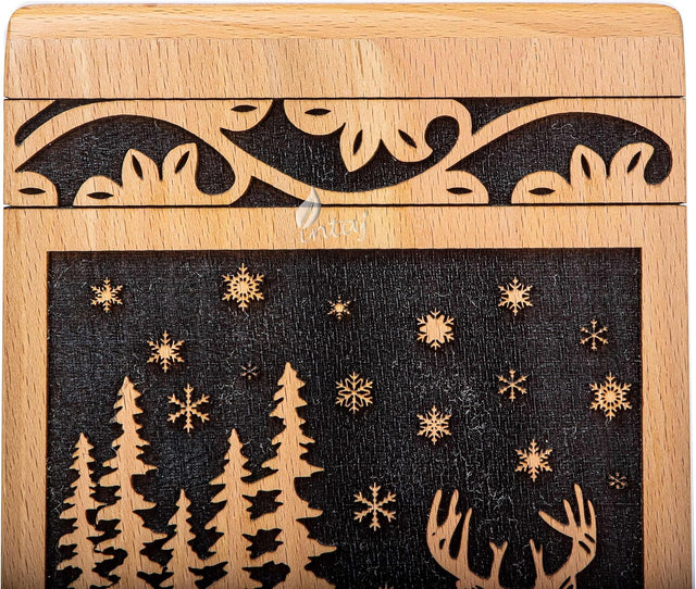 Handcarved Wooden Cremation Urn – Deer Carved Design in Custom Beechwood – Suitable for Adult Men & Women, Mom & Dad, and Pet Dogs – 20lbs Capacity