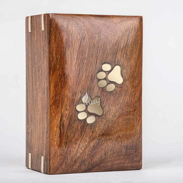 Handcarved Wooden Pet Cremation Urn – Two Paws Design – Suitable for Dogs & Cats – Memorial Keepsake Urn – M Size