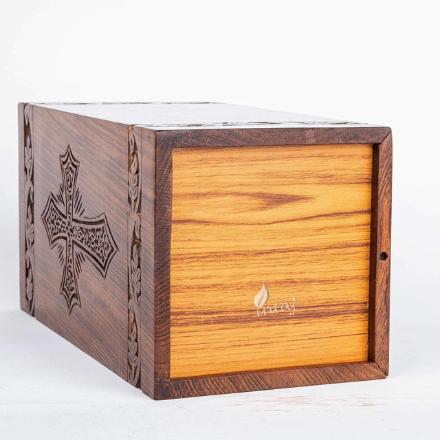Handcarved Wooden Cremation Urn – Grace and Mercy Latin Cross Design – Suitable for Adult Men & Women, Mom & Dad – 180 Cu/in Capacity