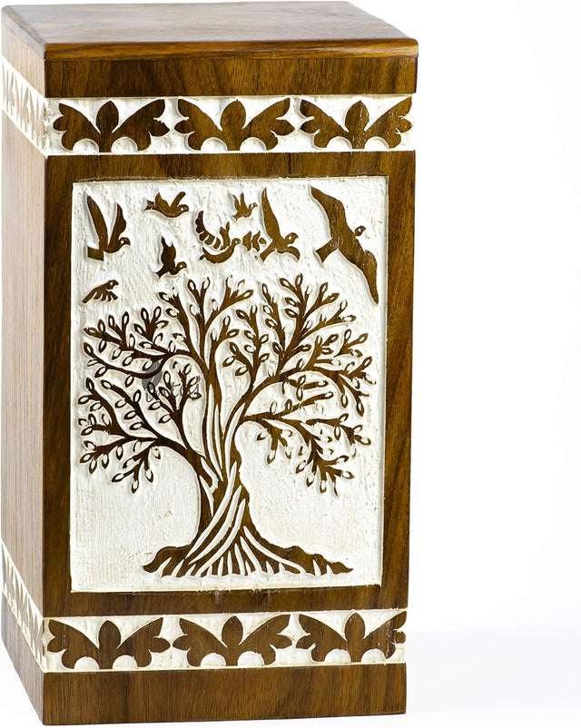 Handcarved Wooden Cremation Urn – Soulful Tree of Life Design – Suitable for Adult Men & Women, Mom & Dad – 250 Cu/in Capacity – Antique Finish (Adult, Tree 73 Design)