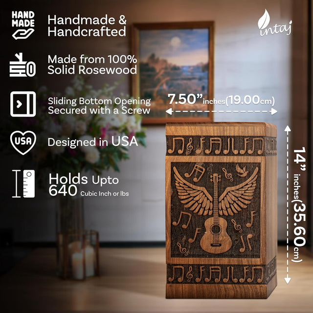 Handcarved Wooden Cremation Urn – Angelic Guitar Wings Design in Rosewood – Suitable for Adult Men & Women, Mom & Dad – 640lbs Capacity