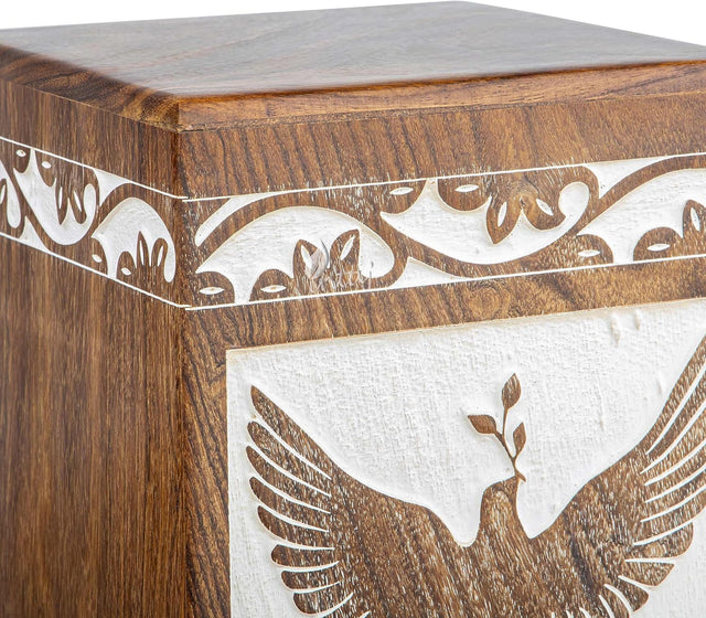 Handcarved Wooden Cremation Urn – Peaceful Bird Design in Daisy White – Suitable for Adult Men & Women, Mom & Dad, and Pet Dogs – Customizable Personalization – 20lbs Capacity