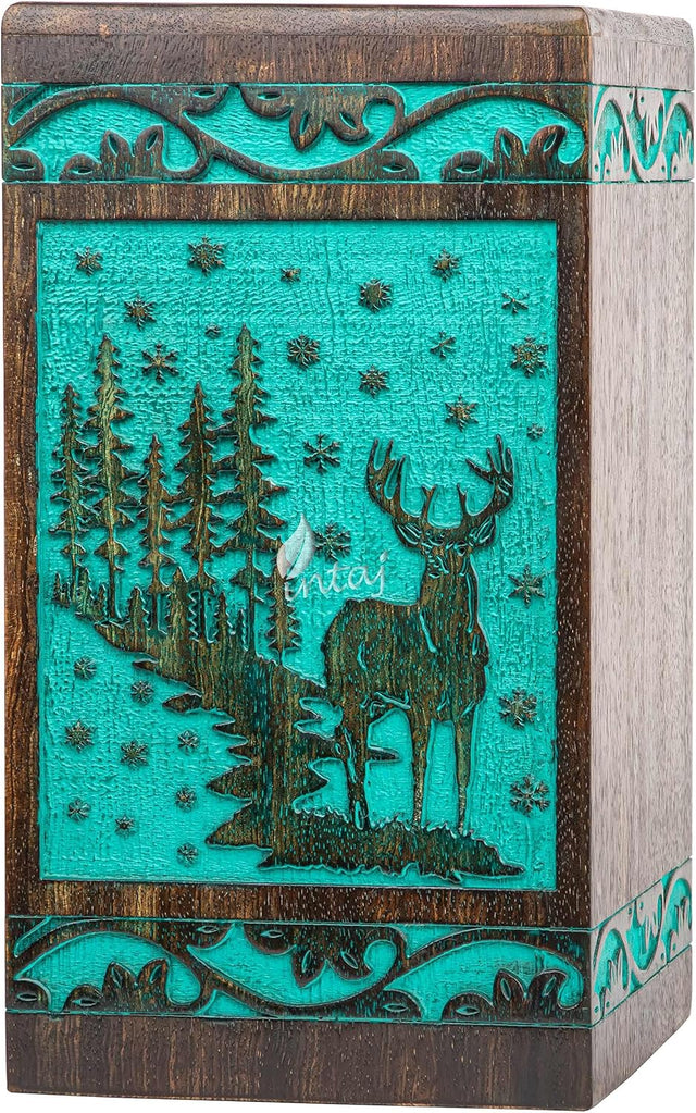 Handcarved Wooden Cremation Urn – Deer Carved Design in Custom Teal Green – Suitable for Adult Men & Women, Mom & Dad, and Pet Dogs – 20 Cu/in Capacity