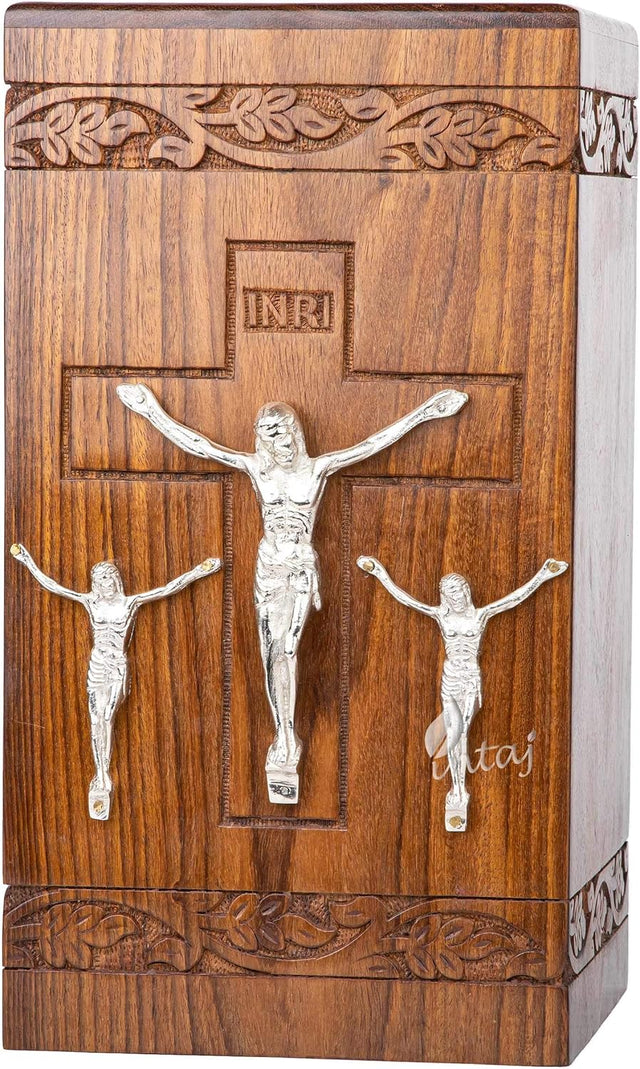 Handcarved Wooden Cremation Urn – Cross & Jesus Design – Suitable for Adult Men & Women, Mom & Dad, Pets & Cats – 115 Cu/in Capacity