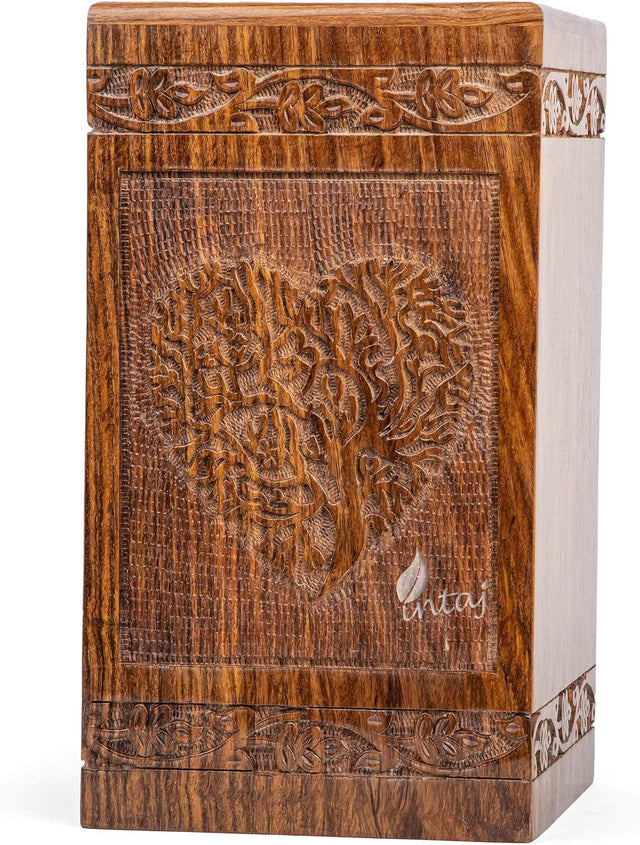 Handcarved Wooden Cremation Urn – Heart Tree of Life Design – Suitable for Adult Men & Women, Mom & Dad – 250 Cu/in Capacity