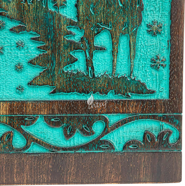 Handcarved Wooden Cremation Urn – Deer Carved Design in Custom Teal Green – Suitable for Adult Men & Women, Mom & Dad, and Pet Dogs – 180 Cu/in Capacity